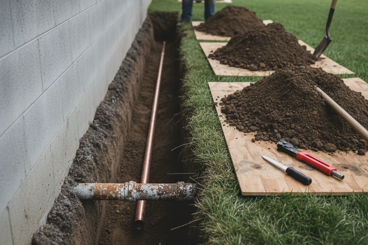 Excavated water line trench during Water Softener Installation in Sprague